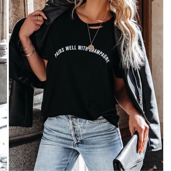 lulusimonstudio Tops - LULUSIMONSTUDIO Pairs Well With Champagne Distressed Cotton Tee XL (Vici)